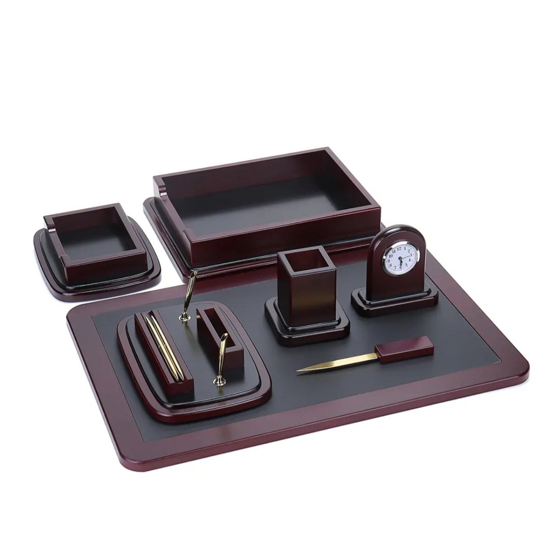 8 Pieces Wooden & Leather Desk Set, Desk Organizer - Image 2