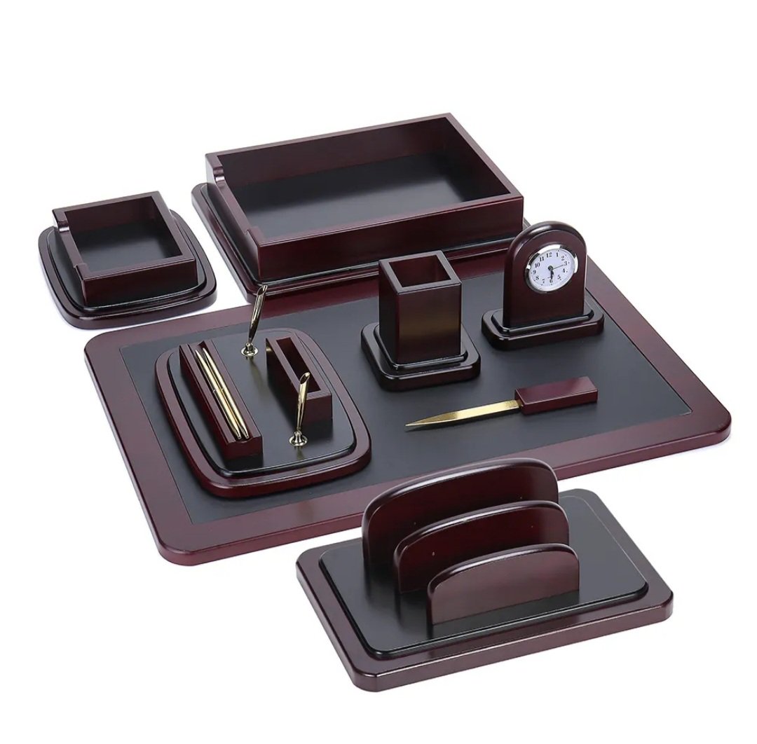 8 Pieces Wooden & Leather Desk Set, Desk Organizer - Image 4