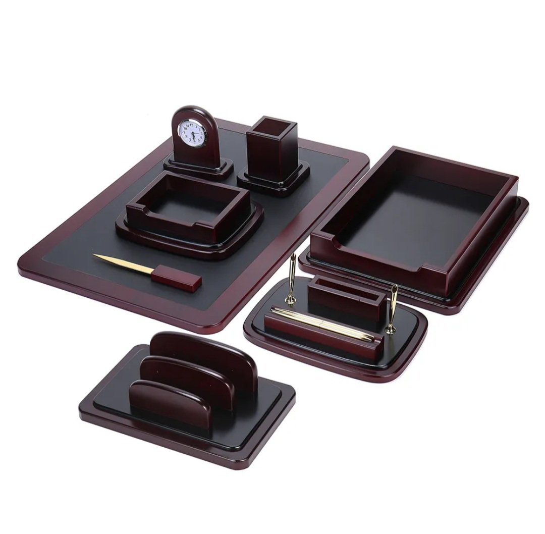 8 Pieces Wooden & Leather Desk Set, Desk Organizer