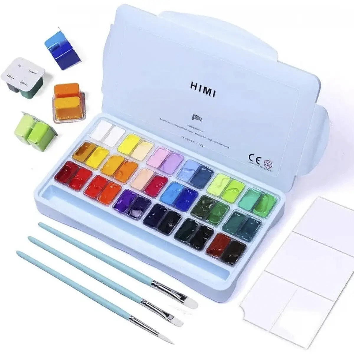 HIMI Twin Cup Gouache Set - 36 Colours + 3 Brushes (Ice Blue Case)